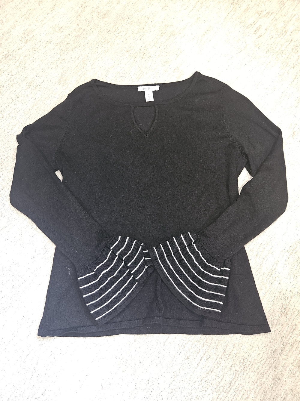 WHBM Black Long-Sleeve Top with Striped Bell Cuffs